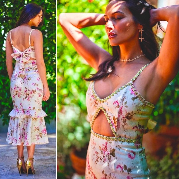 V. Chapman Luna Dress English Rose Floral Beaded Crystal Trim Midi 8 Medium - Picture 13 of 15